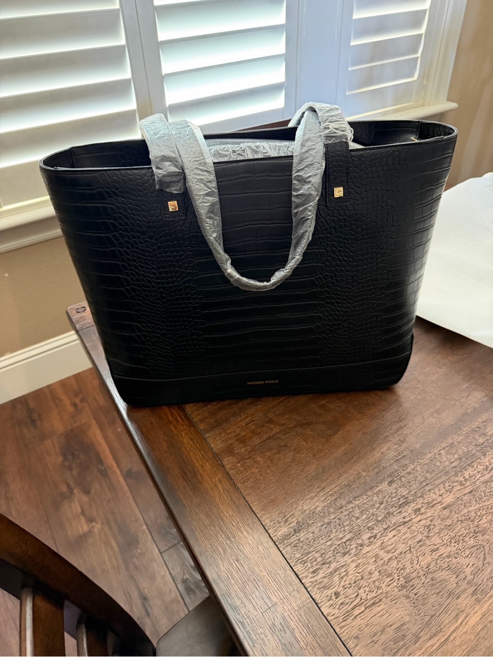 Structured Black Croc-Embossed Tote Bag
